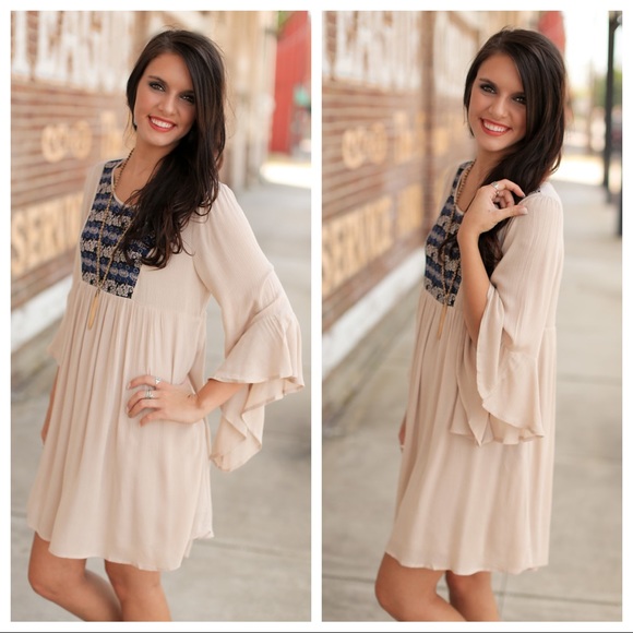 Infinity Raine Dresses & Skirts - ✨LAST✨Taupe flutter sleeve bib detail dress